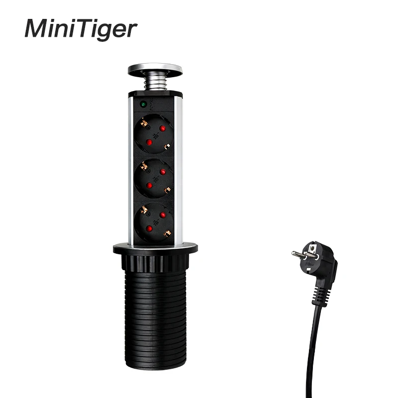Minitiger 16A PULL POP UP 3 Power Socket 2 USB Charging Port Kitchen Table Desktop Sockets Retractable Countertops EU/FR Plug