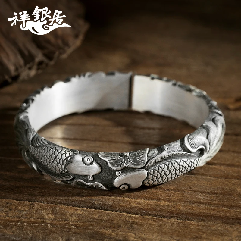 

★national wind restoring ancient ways in lotus carp high-grade silver bracelet female handmade gifts silver bracelet