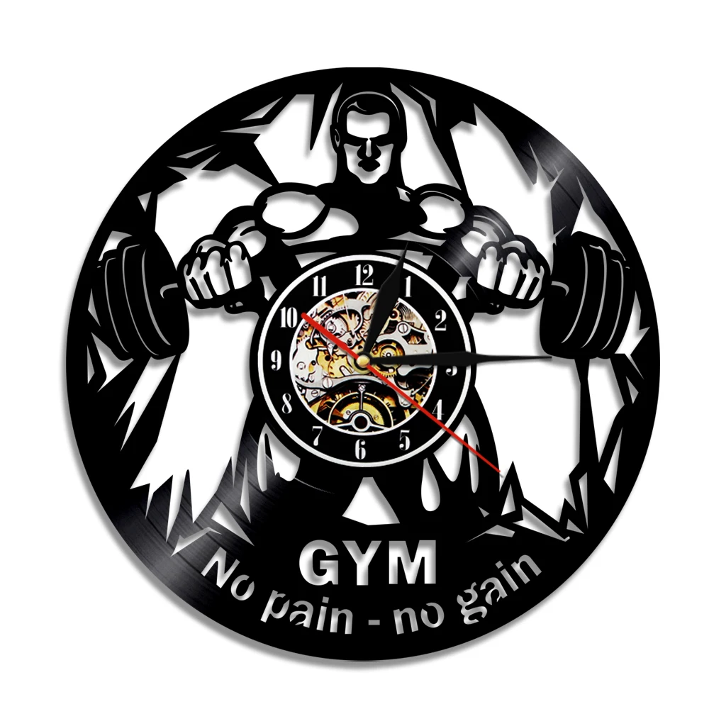 Gym Time Wall Clock No Pain No Gain Gym Vinyl Record Wall Clock Bodaybuilding Fitness Decor Weightlifting Watch Sport Coach Gift
