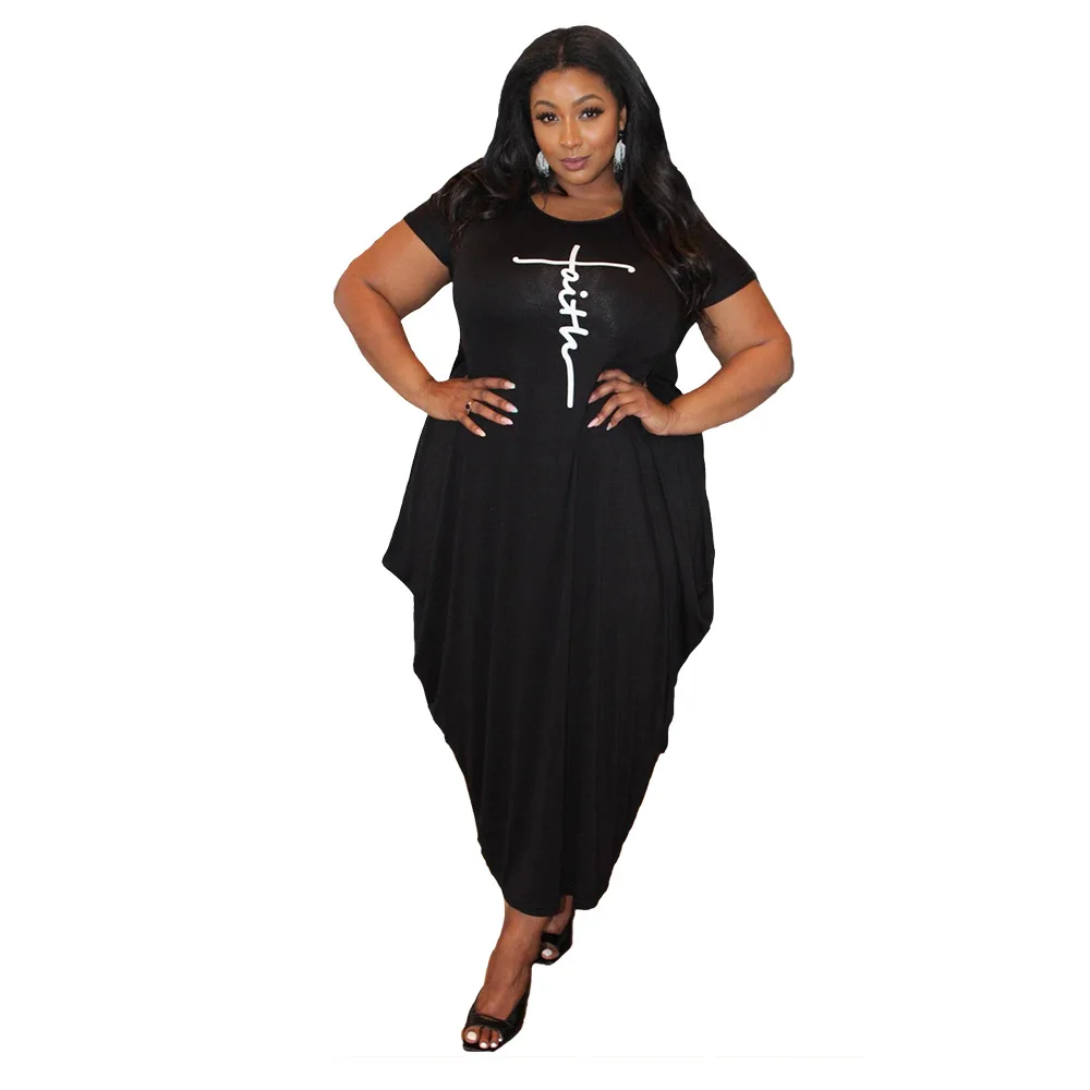 Groothandel Dropshipping Plus Size Jurken Elegante 4xl 5xl Effen Kleur Ronde Hals Korte Mouwen Onregelmatige Losse Vrouwen Lange Jurk