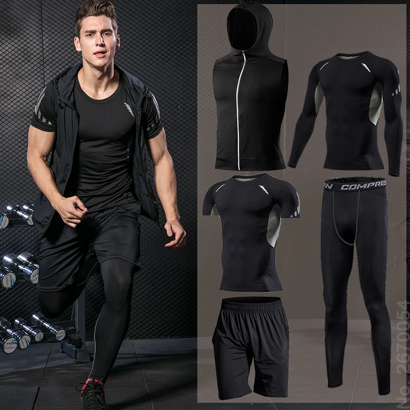 Men's Running Sets Gym tight pants Compression Shirt Fitness Shorts Jogging Sportswear Thin Jacket Training Suit Dry Fit T-shirt