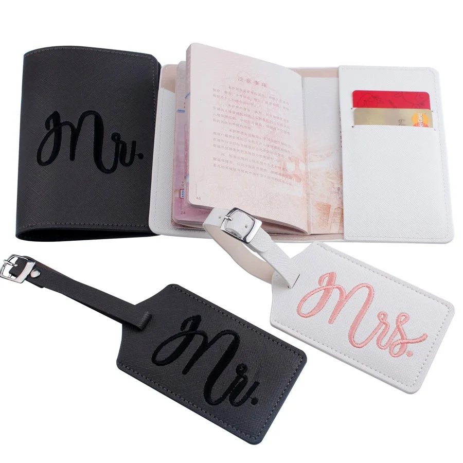 4pcs Mr&Mrs Suitcase Embroidery Passport Covers Luggage Tags Bag Pendant Travel Accessories Name ID Address Wedding Invitation