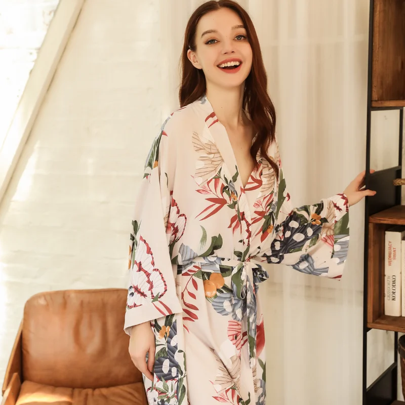 Pyjama à manches longues imprimé fleuri pour femme, peignoir en coton fin et viscose, chemise de nuit femme, vêtements de nuit de printemps, nouveaux styles, 2023