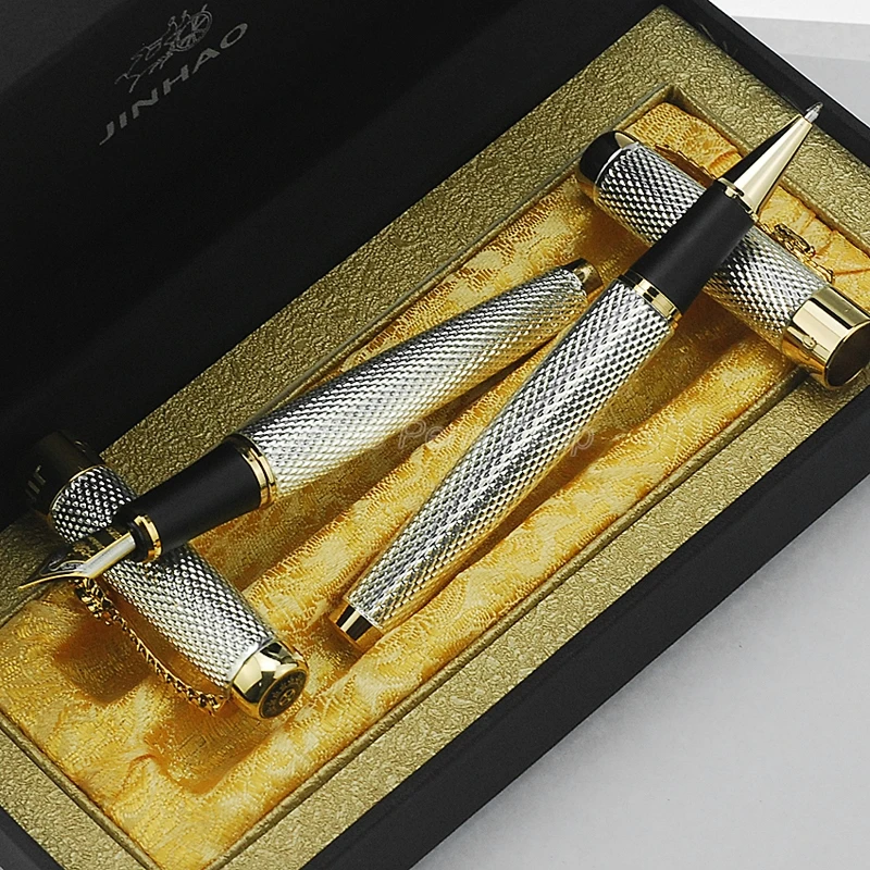 Jinhao 1200 Luxurious Fountain Pen & Roller Ball Pen Exquisite Ripple With Dragon Clip, Silver Metal Carving W/Gift Box Set