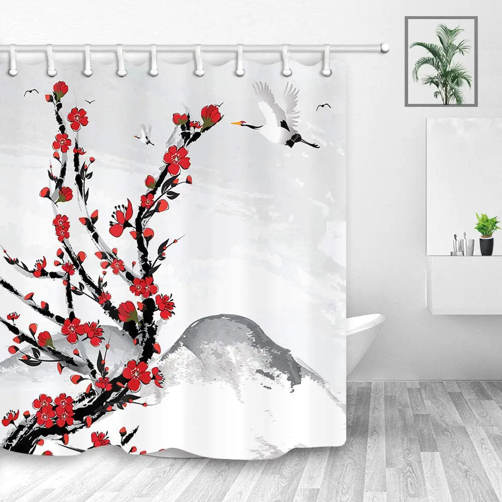 Japanese Red Cherry Blossom Flower in Mountain with White Crane Shower Curtain