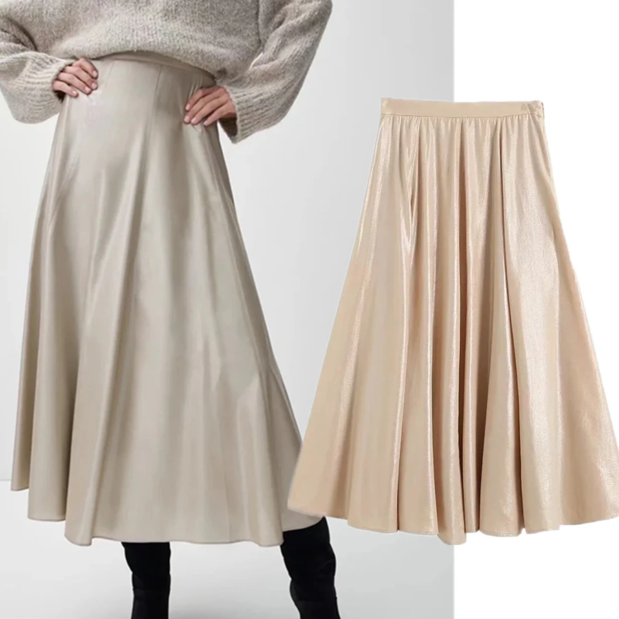 Jenny&Dave England Skirts Womens Style Office Lady Elegant Pleated Midi Satin Faldas Mujer Moda Spring Fashion Skirt Women