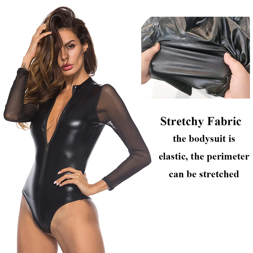 Long Sleeve Mesh Transparent Faux Leather Bodysuit Zipper Latex Wet Look Jumpsuit Clubwear Party PVC Catsuit