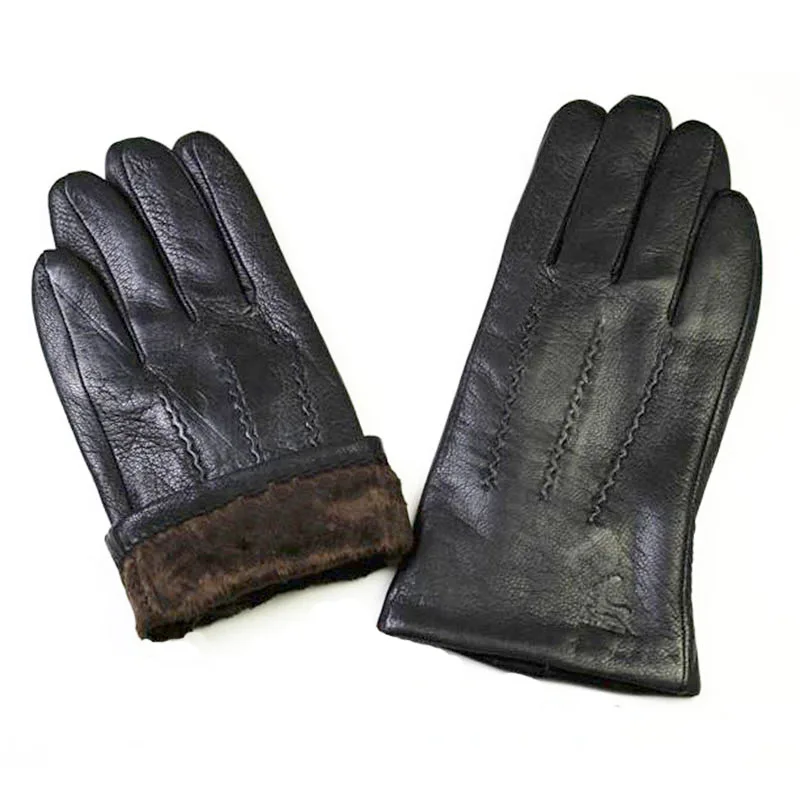 Men Winter Genuine Leather Gloves Deerskin Watermark Pattern Wool Lining Velvet Lining Free Shipping