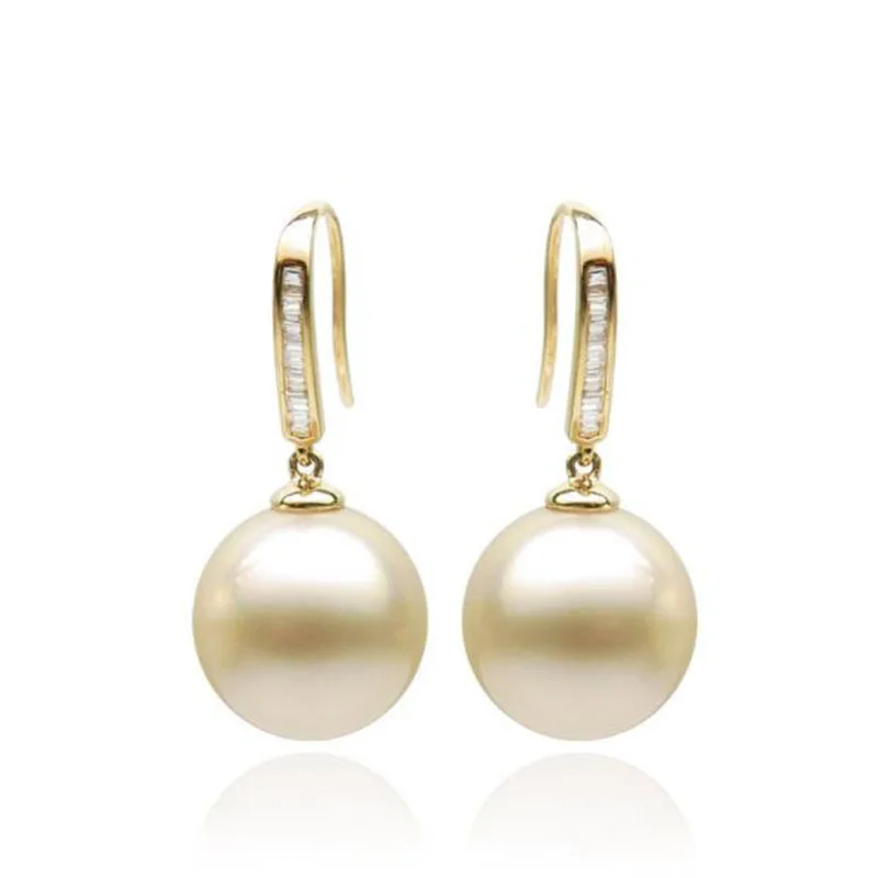 18K Yellow Gold AAA Cream South Sea Cultured Pearl Diamond Drop Earrings 12-13MM