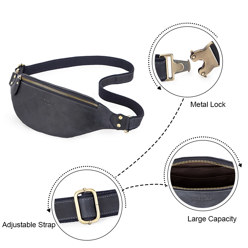 CONTACT\'S 100% Crazy Horse Leather Waist Packs Travel Fanny Pack For Men Leather Waist Bag Male Belt Bag Multifunction Chest Bag