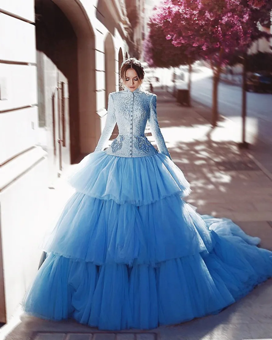 Robe de soirée bleue en dentelle, à plusieurs niveaux, longue traîne, Extra bouffante, manches longues, col haut, robe de bal de standing, 2023