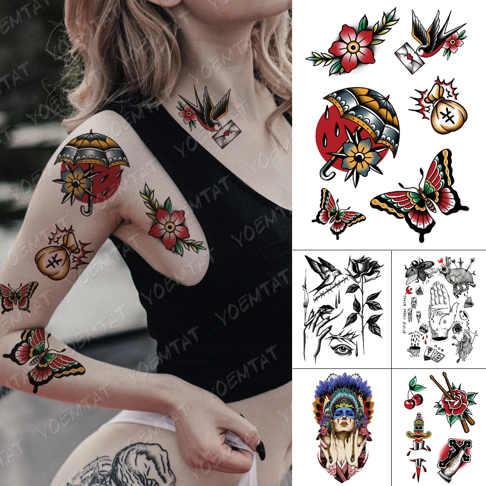 Waterproof Temporary Tattoo Sticker Old School Butterfly Swallow Flash Tattoos Rose Sword Body Art Arm Fake Tatoo Women Men