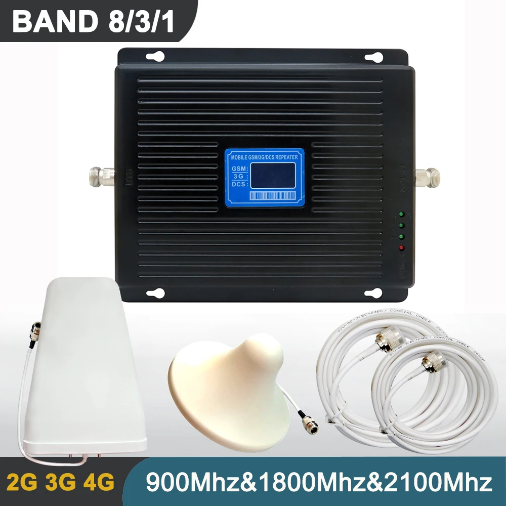 Tri Band Signal Repeater Set High Gain 75DB 2G 3G 4G GSM WCDMA DCS Mobile Phone Cellular Booster Amplifier BAND 8 3 1 + Antenna