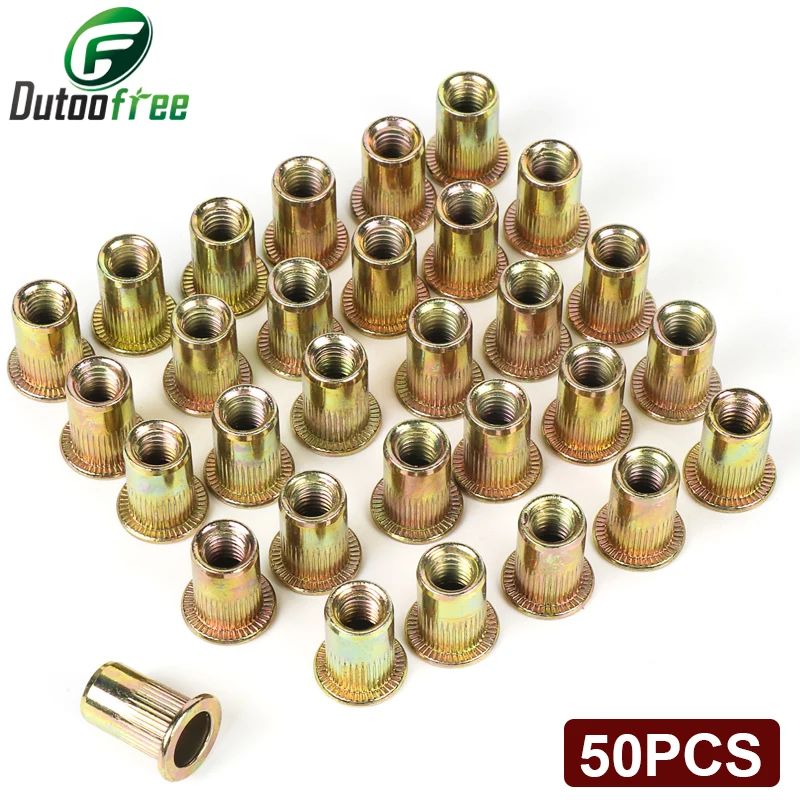 

50PCS/lot M6 Zinc Plated Carbon Steel Knurled Nuts Rivnut Flat Head Threaded Rivet Insert Nutsert Cap Rivet Nut