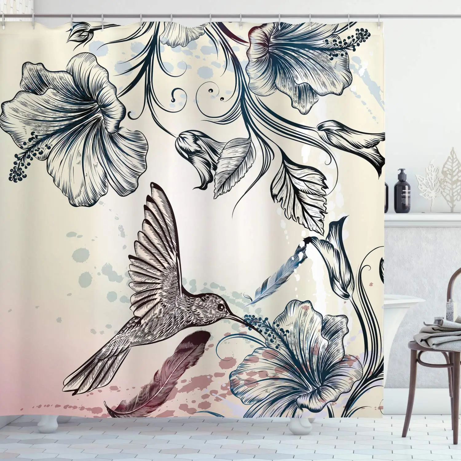 Hummingbird Shower Curtain Floral Art in Vintage Style with Hummingbird Hibiscus Flowers and Feathers Bathroom