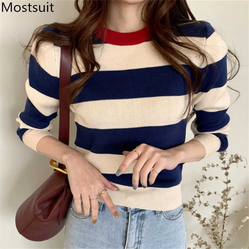 2023 Autumn Korean Knitted Striped Pullover Sweater Women Long Sleeve O-neck Vintage Fashion Casual Female Tops Sweaters