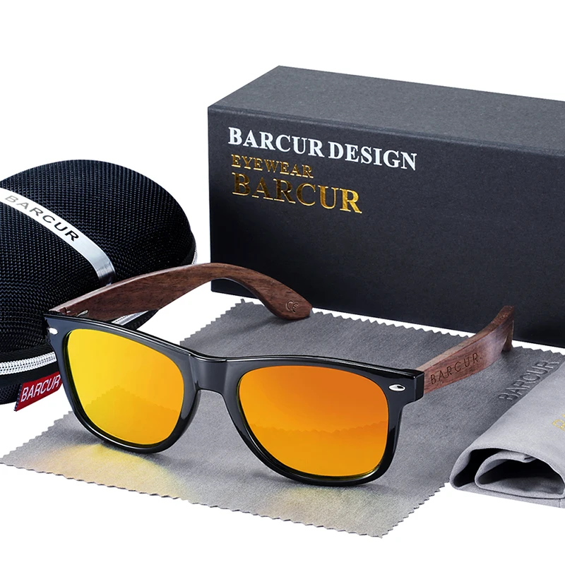 BARCUR Sonnenbrille aus schwarzem Walnussholz für Herren, polarisiert, hochwertige quadratische Sonnenbrille für Herren, UV400, Brillenzubehör, Originalverpackung – Detail 14