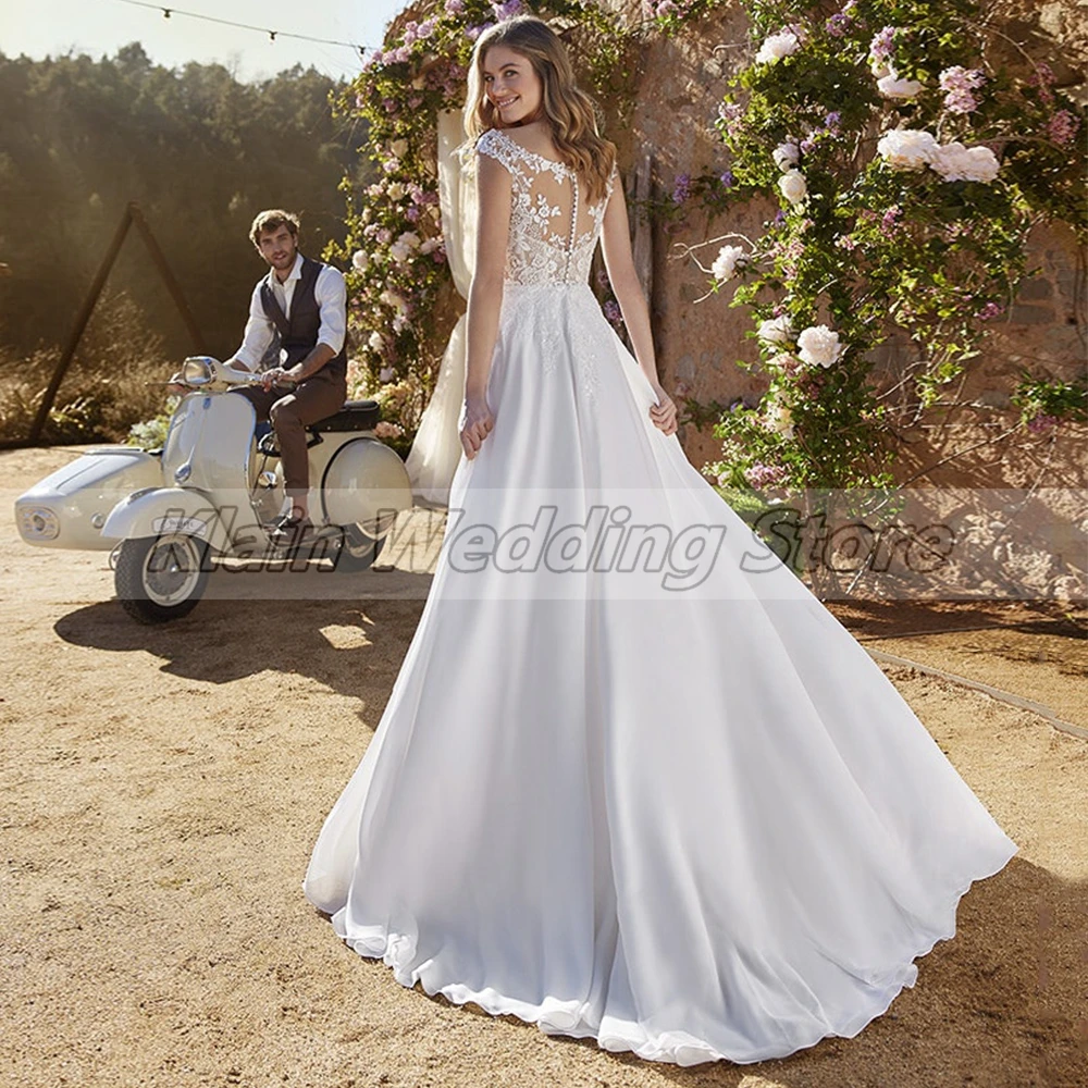 Affascinante abito da sposa con spacco laterale a-line per la sposa 2021 Scoop Appliques in pizzo con maniche a berretto corsetto in Chiffon su misura