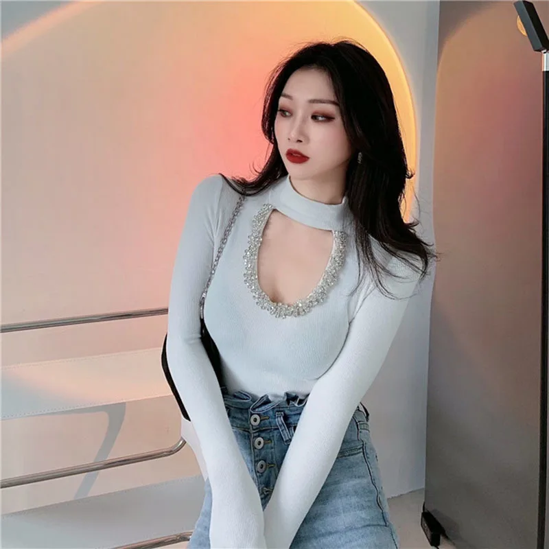 女性のためのセクシーなTシャツ,タートルネック,透かし彫り,ラインストーン,スリム,長袖,エレガント,2022