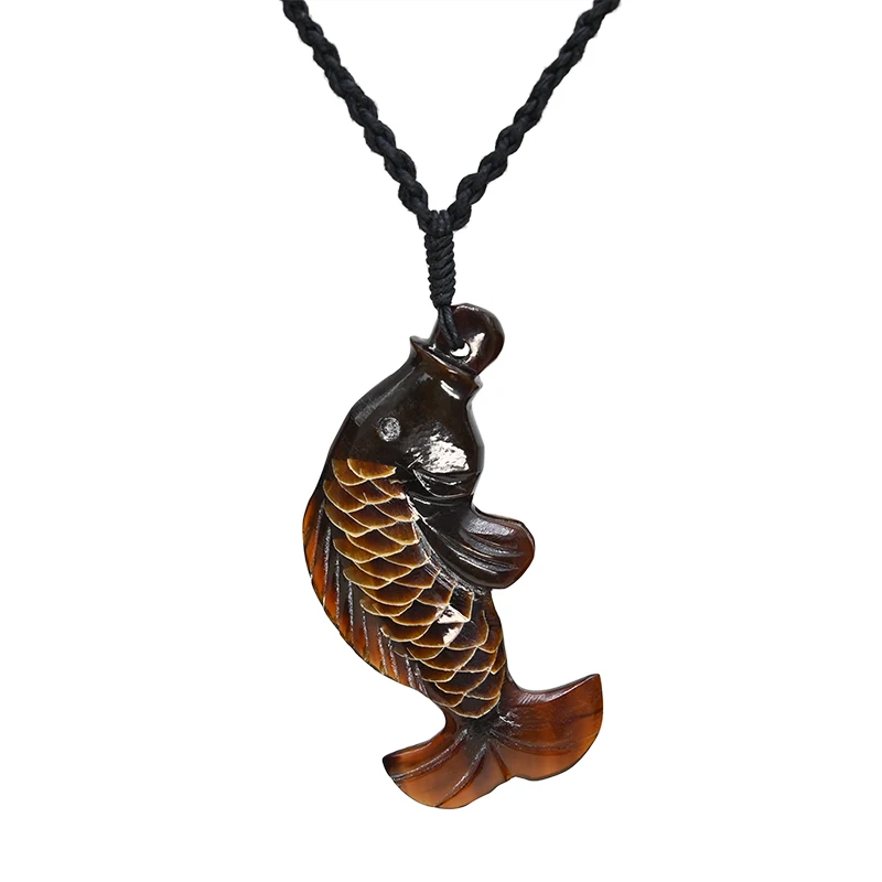 NGX127 Handmade Man Jewelry New Zealand Maori Tribes Pendant Yak Horn Fish Womens Hemp Rope Weaving Necklace for Surfing