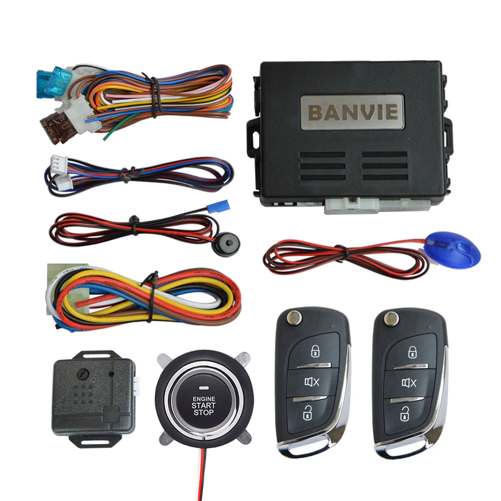 

BANVIE Car Keyless Entry Security Alarm System with Remote Starter and Push to Start Stop ignition Button Kit