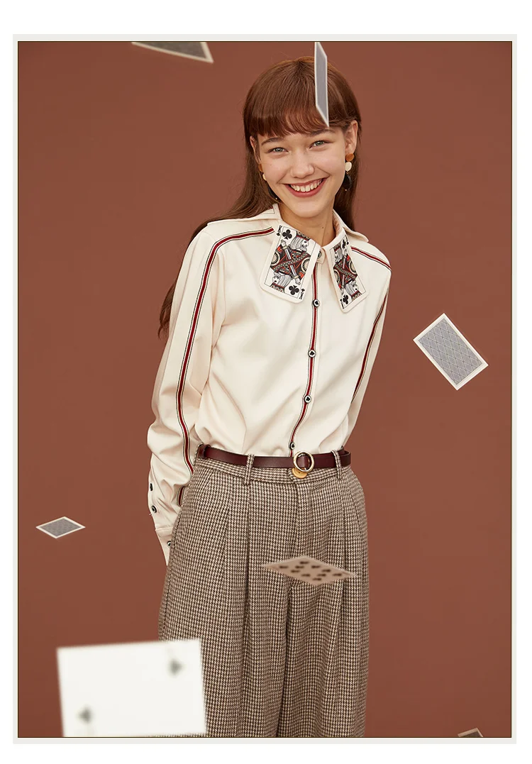 Women's Printed Stripe Shirt, Fun Playing Cards, Original Design, Spring and Autumn