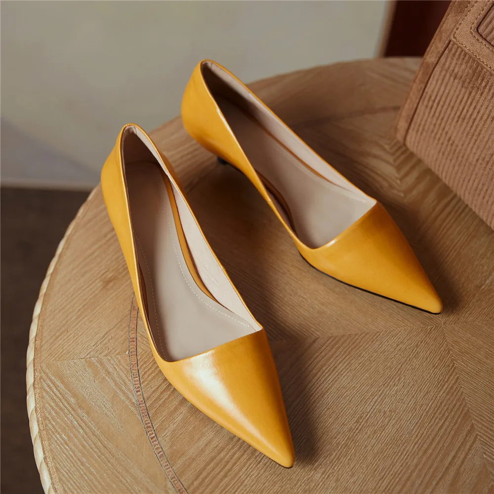 Orignice Sexy Pointed Toe Women Full Genuine Leather Pumps Slip On Solid Color Comfortable Low Thin Heels Dress Party Shoes