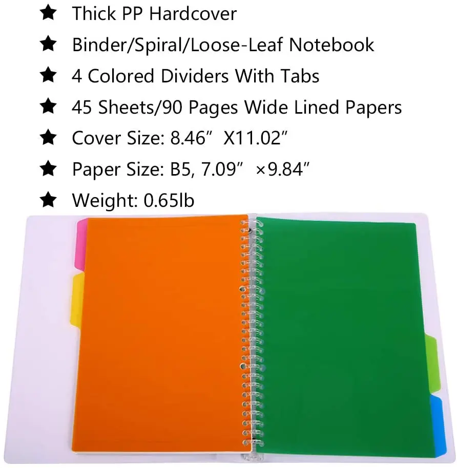 B5 Binder Portfolio Notebook with 26 Rings/Holes, 5 Subject Spiral Paper notecook 4 Colored PP dividers with tabs for Labels