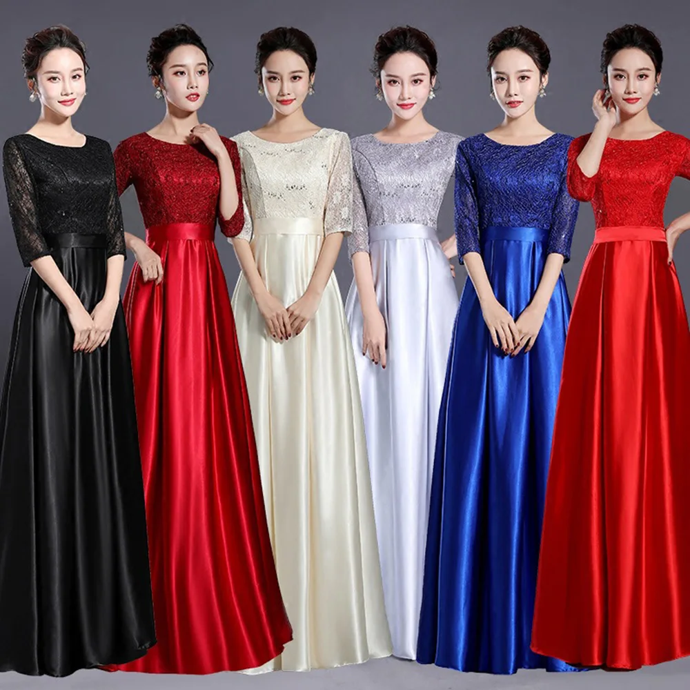 ครึ่งแขนลูกไม้ผู้หญิงอย่างเป็นทางการโอกาสElegant A-LineซาตินชุดราตรีO-Neck Party Prom Gowns Homecoming Dress