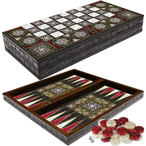 LaModaHome 16.5 ''Turkish Backgammon Set, Nacreous Wooden and Leather Covering, Board Game for Family Nights, modern Elite Vinyl