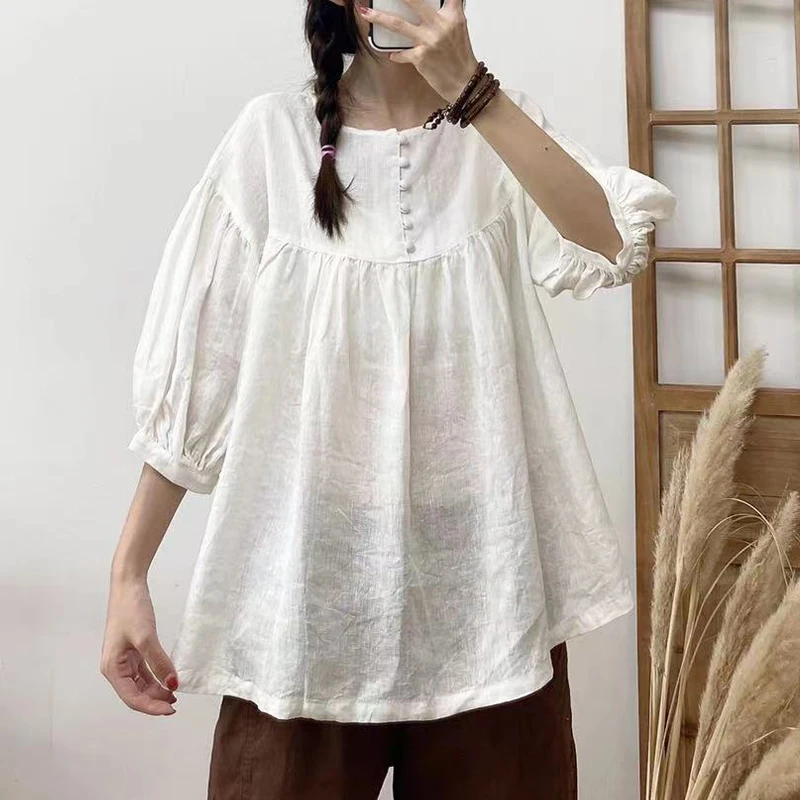 Johnature Summer New Linen Vintage Women Shirts 2024 O-neck Half Sleeve Loose Solid Color Button Female Blouses