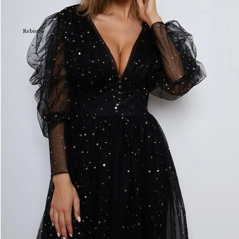 Black Starry Tulle Prom Dresses Sparkly V-Neck Half Puff Sleeves Wedding Party Dresses Buttoned Top Tea-Length Prom Gowns