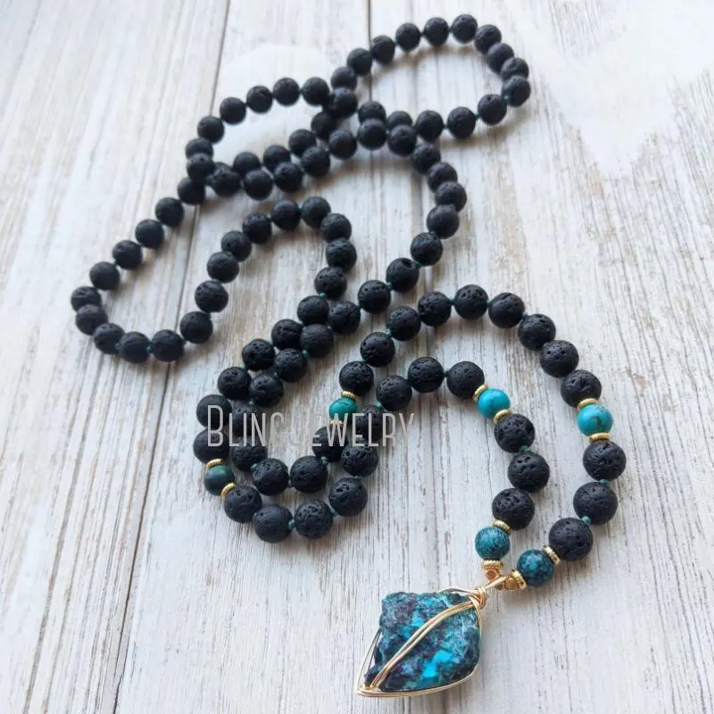 MN33384 Sacred Wisdom Arizona Turquoise Mala Beads Raw Chrysocolla Pendant  Volcanic Lava    