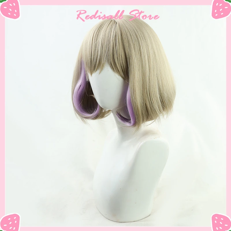 Perruque CosplayTang Ke Ke Courte en Lin à Reflets, Cheveux BOBO Roses, Vêtements Décontractés