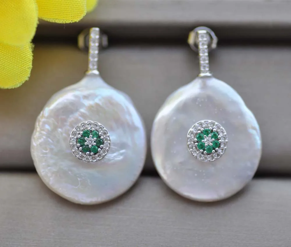 

Z10035 23mm gray Coin Pearl Emerald CZ Dangle Earring