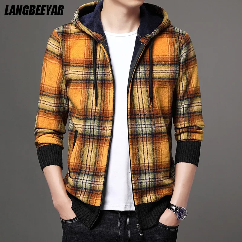 Top Quality New Brand Fashion Woolen Baseball Collar Thick Velvet Casual Jacket Men Hooded Plaid Cardigan Coats Men Clothes