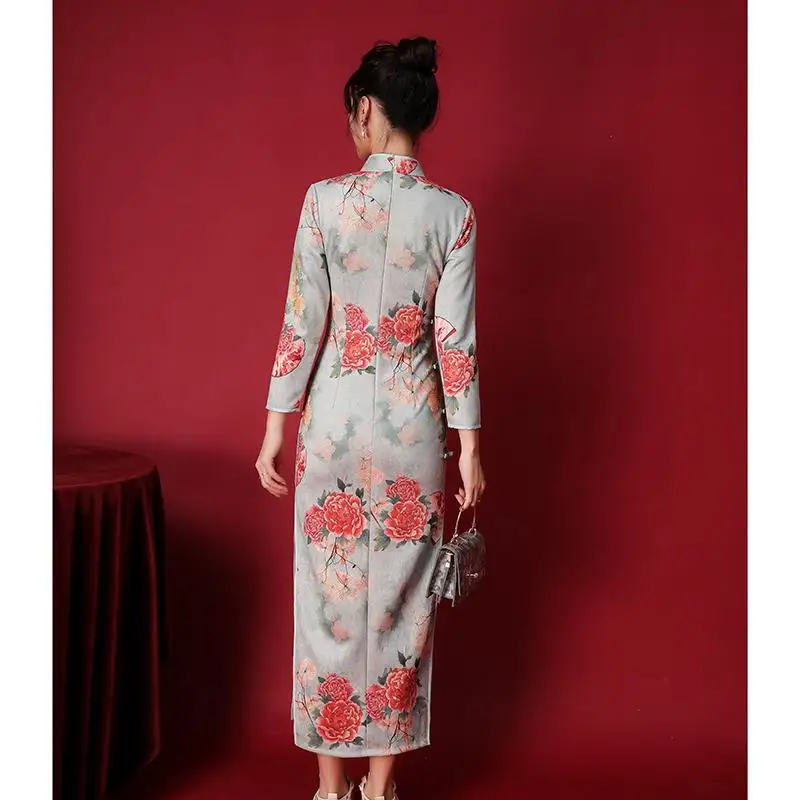 Improved Cheongsam 2021 Autumn Retro Elegant Young Style Qipao Dress Floral Chinese Style Daily Party Cheongsam Dress