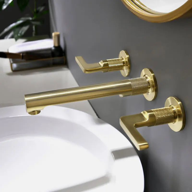 Luxury Brushed gold Wall mounted Brass bathroom sink faucet Gun gray Double handle three holes cold hot water basin mixer tap