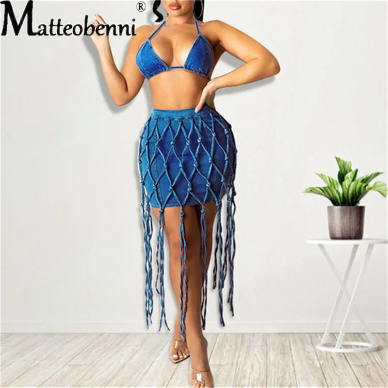 2021 Women Denim Skirt Sets Halter Neck Sleeveless Bra Tops + Bandage Tassels Skirt Lady Bodycon Nightclub Dresses Hot Summer