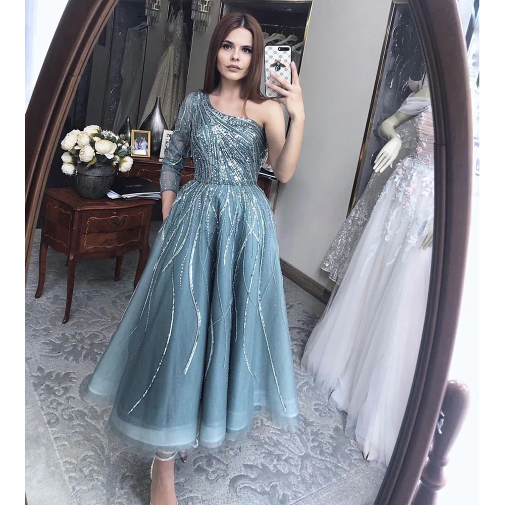 Elegante dubai noite vestidos para as mulheres 2023 um ombro aline contas de chá artesanal comprimento formal casamento vestidos festa baile