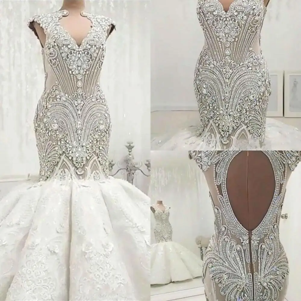 2025 Luxury Mermaid Arabic Dubai Wedding Dresses Plus Size Crystal Beaded Lace Applique Vintage Bridal Gowns Vestido De Novia