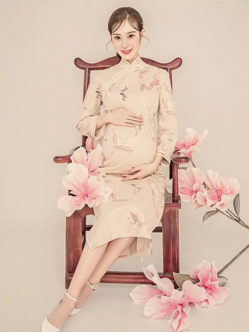 New Maternity Photo Clothing National Style Printed Cheongsam Photo Art Maternity Photo Studio Photography Maternity Dress