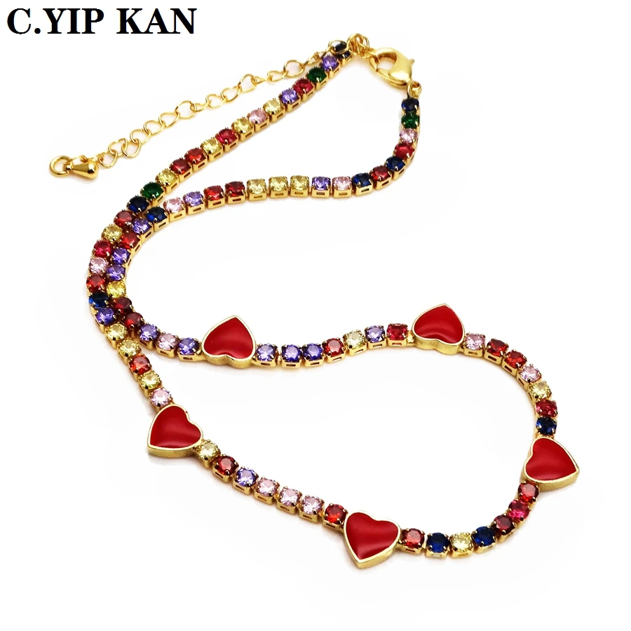 Copper inlaid artificial Colour crystal necklace gold plated interval love spray paint beadAdjustable length choker Lady Jewelry