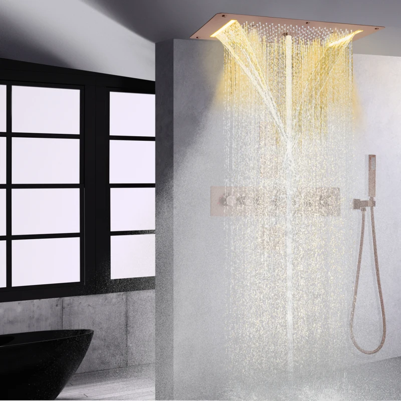 

Brown Thermostatic Bathroom Shower Mixer Set 700X380 MM LED Waterfall Spray Bubble Rain