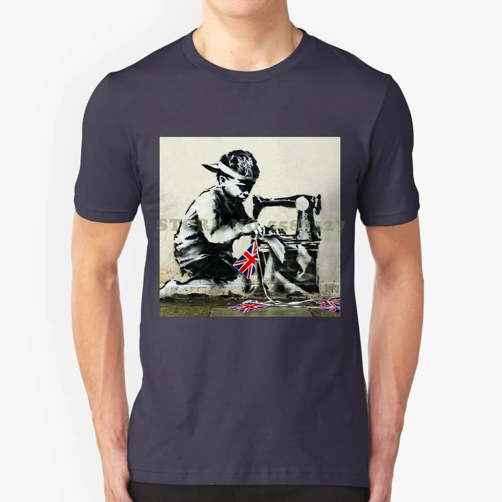 Banksy Boy And Sewing Machine 100% Pure Cotton T-Shirt Banksy Boy Sewing Machine Slave Labour Child Union Jack Labor Street Art