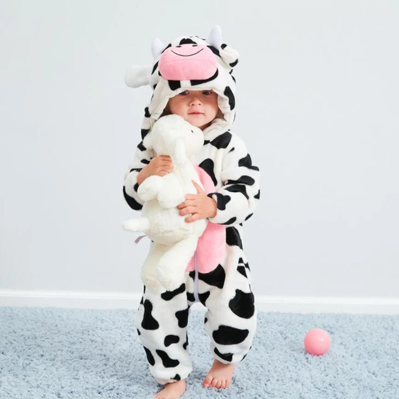 Hot Kawaii Baby Cow Autumn Animal Pajamas Long Sleeve Cute Anime Rompers Hooded For Boys Girls  Warm Cotton Jumpsuit Clothes