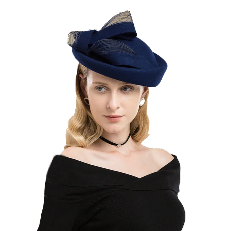 Black Wool Wedding Hat Fascinator Cocktail Hats For Women Elegant Blue Red Winter Church Fedora Bow Ladies Formal Pillbox Cap