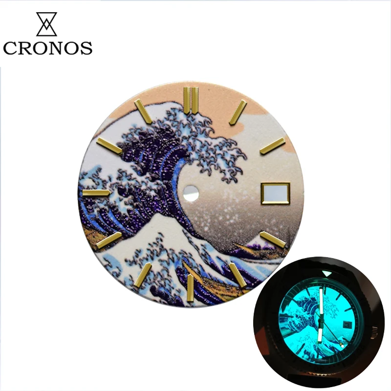 

Cronos Watch Part Dial Kanagawa Wave Full Lum C3 Blue Gold Indexes NH35 NH36
