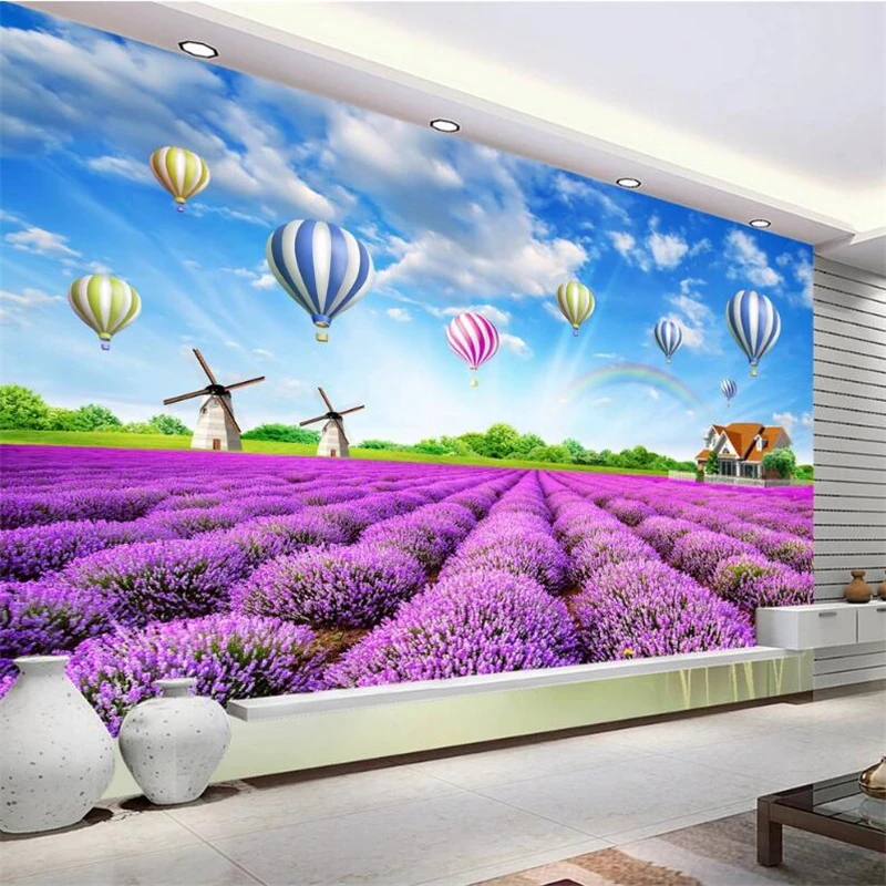 Custom wallpaper 3d charming lavender countryside natural scenery hot air balloon sofa background wall paper 3d papel de parede