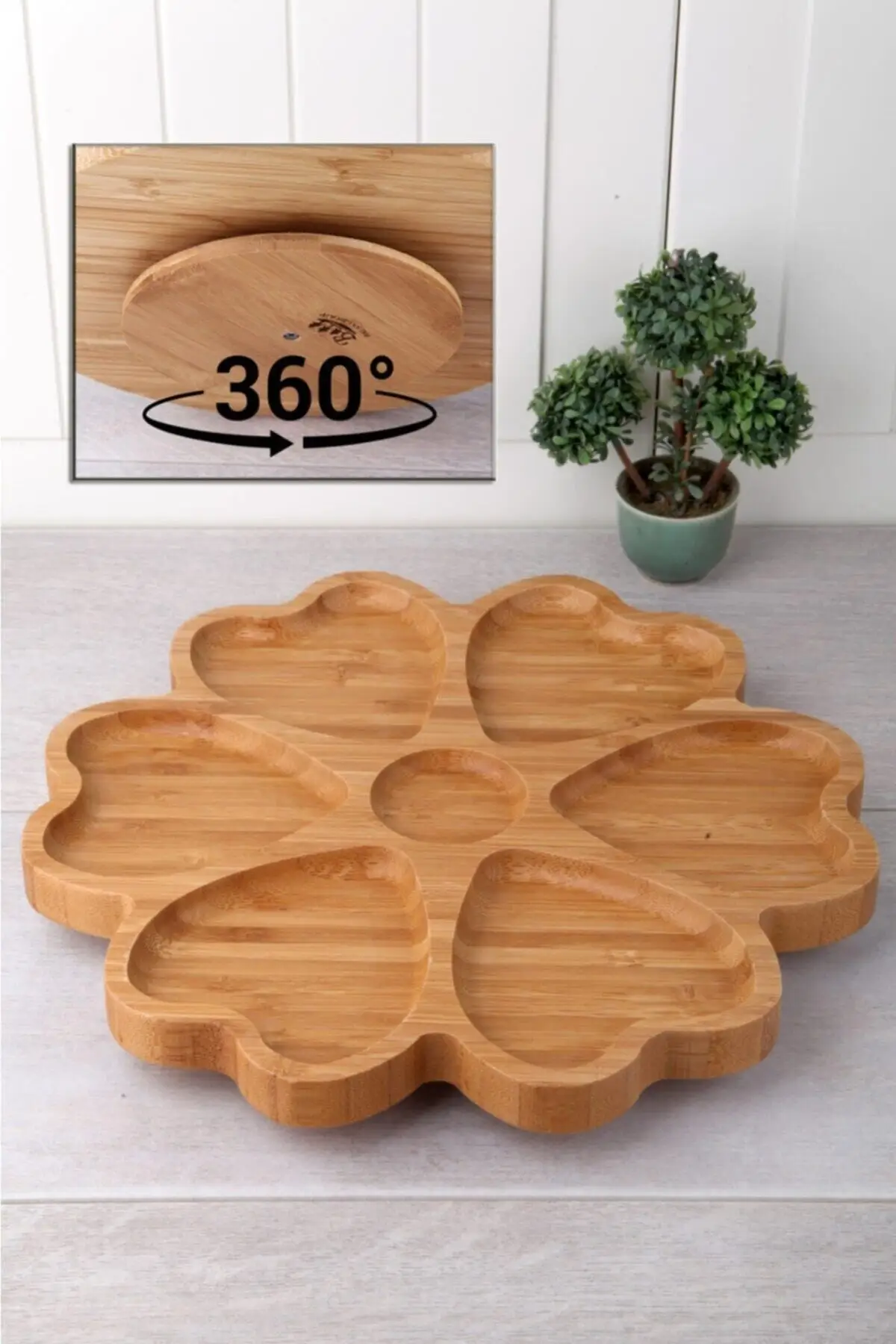 Gencs Kitchen Bamboo 7 Compartment Rotating Presentation Dish Breakfast